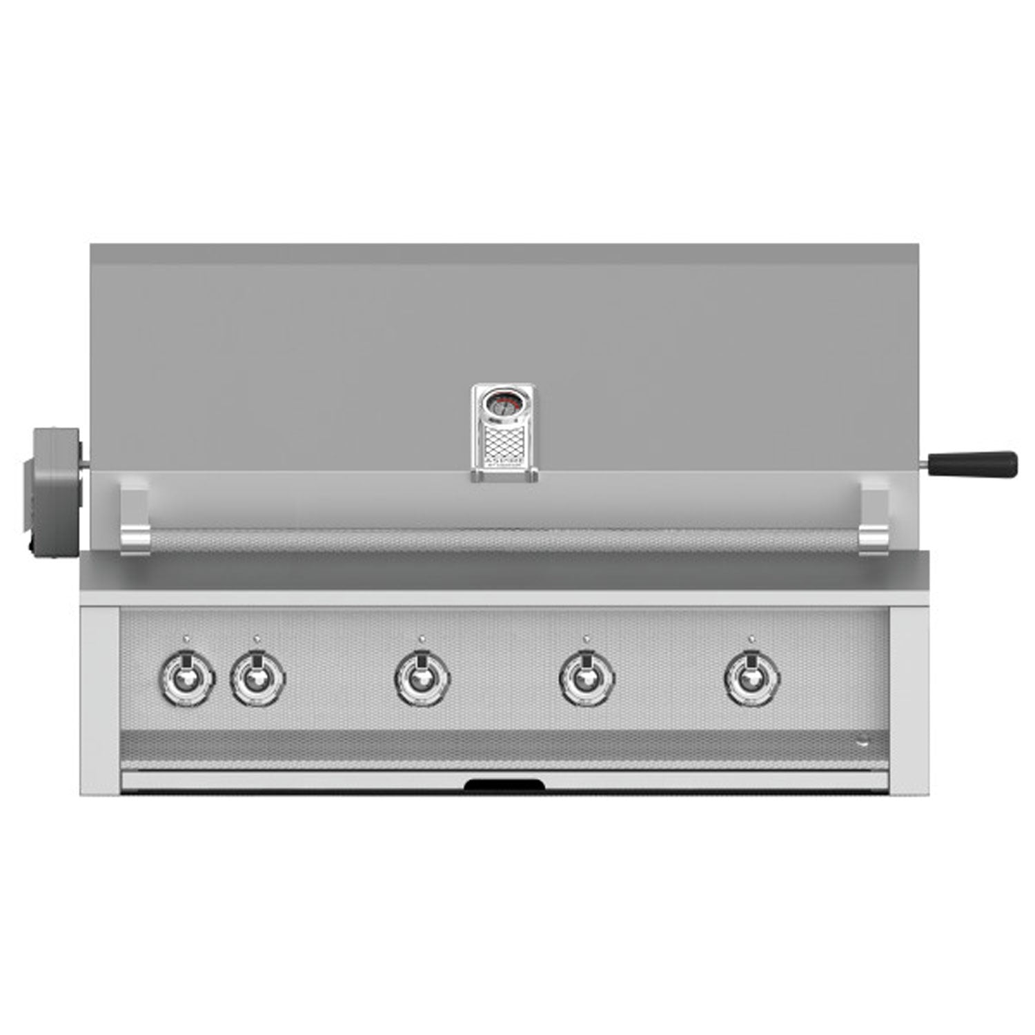Built-in gas grill front view with control knobs and side handle on the control panel.