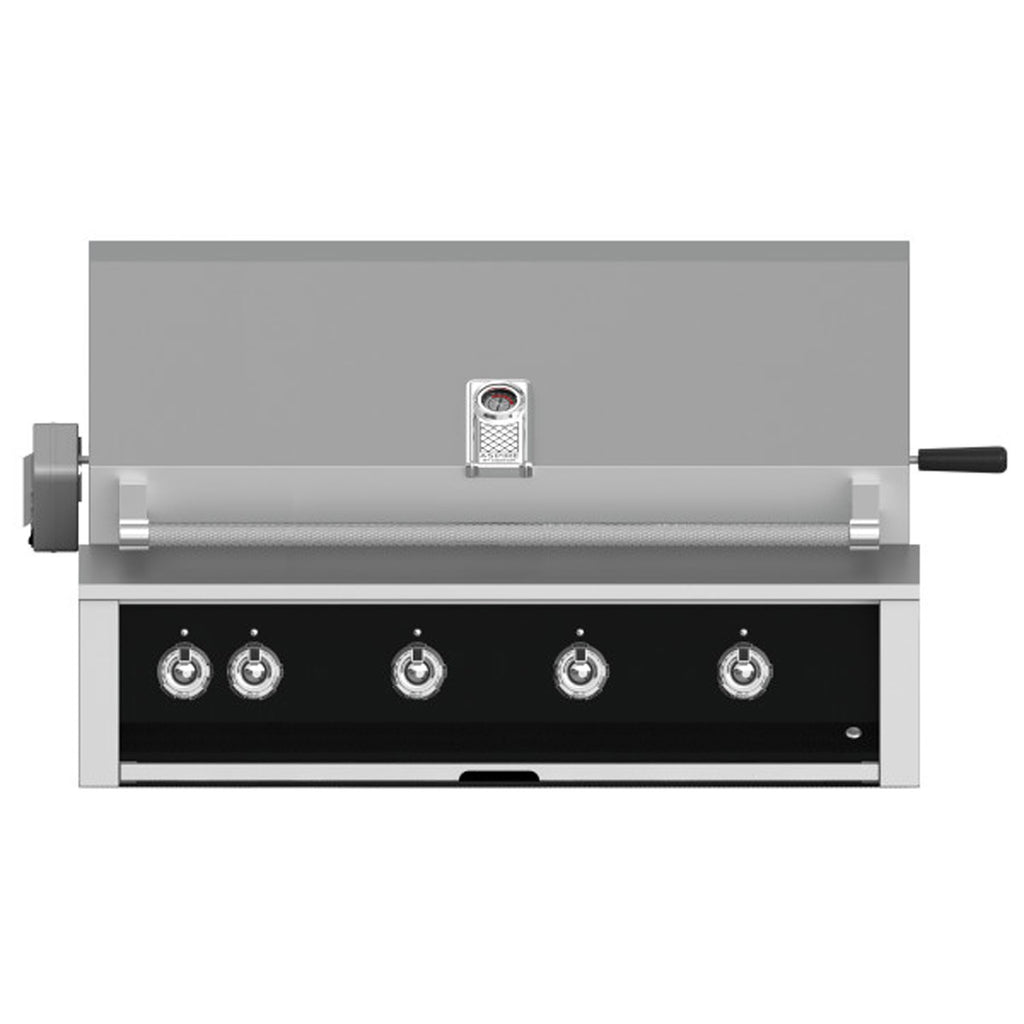 Built-in gas grill front view with four burners, four control knobs, and stainless bar
