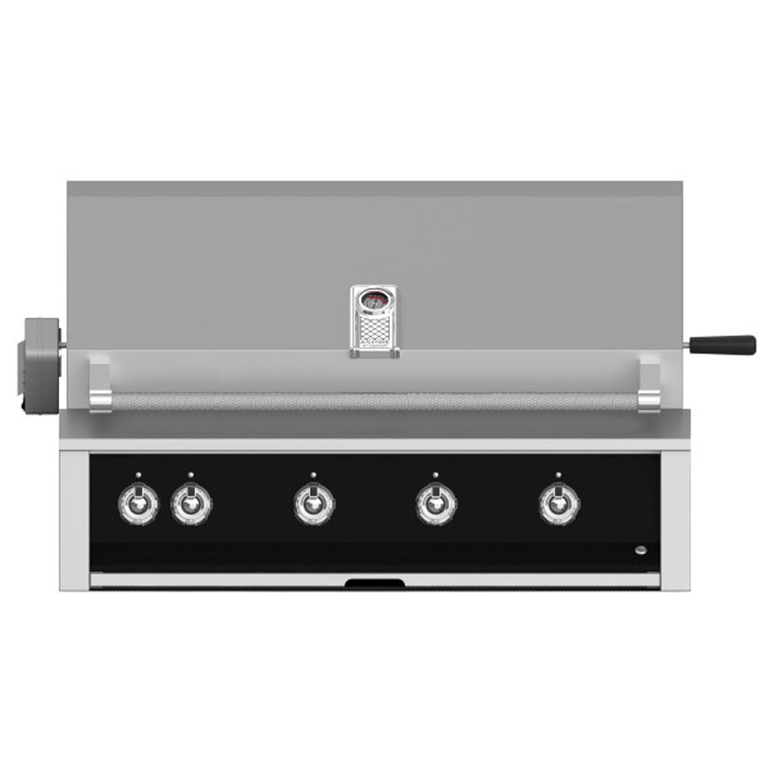 Built-in gas grill front view with four burners, four control knobs, and stainless bar