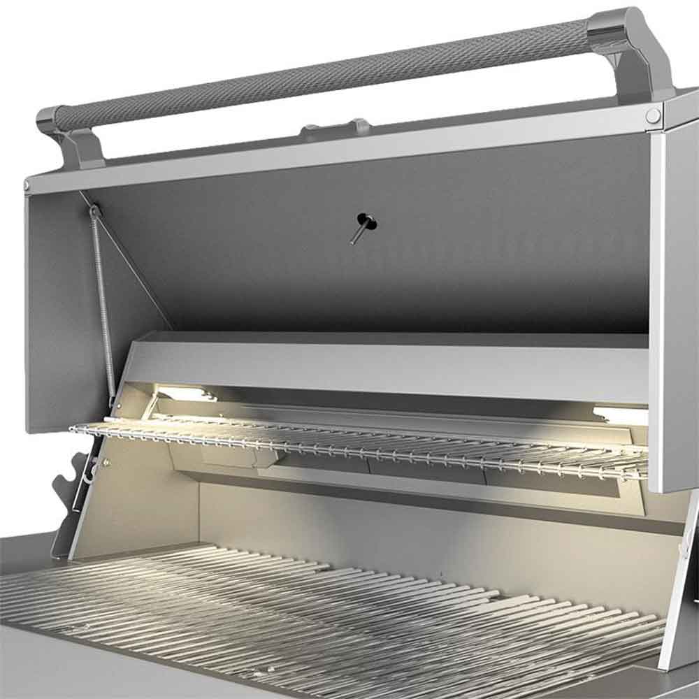 Open freestanding gas grill cabinet showing grill grates and burner area