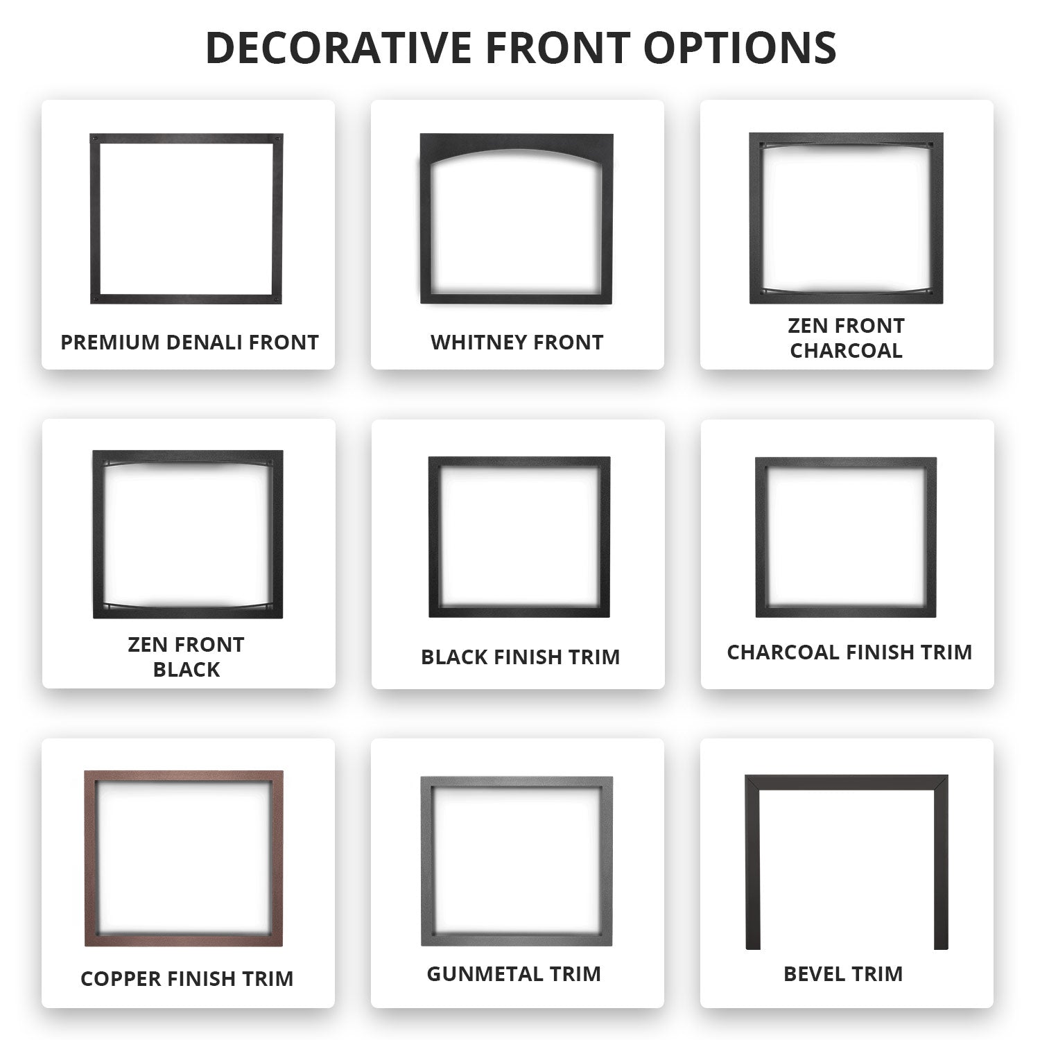 Decorative front option card showing square trim styles and front finishes