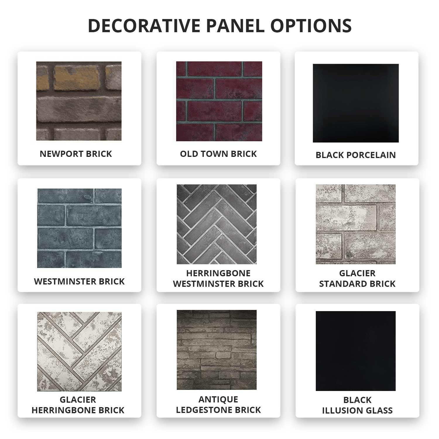 Decorative panel options with brick pattern tiles labeled Newport, Old Town, and more
