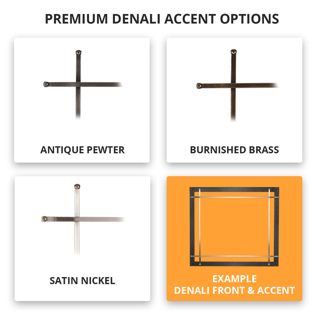 Denali accent options graphic showing four cross-style metal trim samples on a white card
