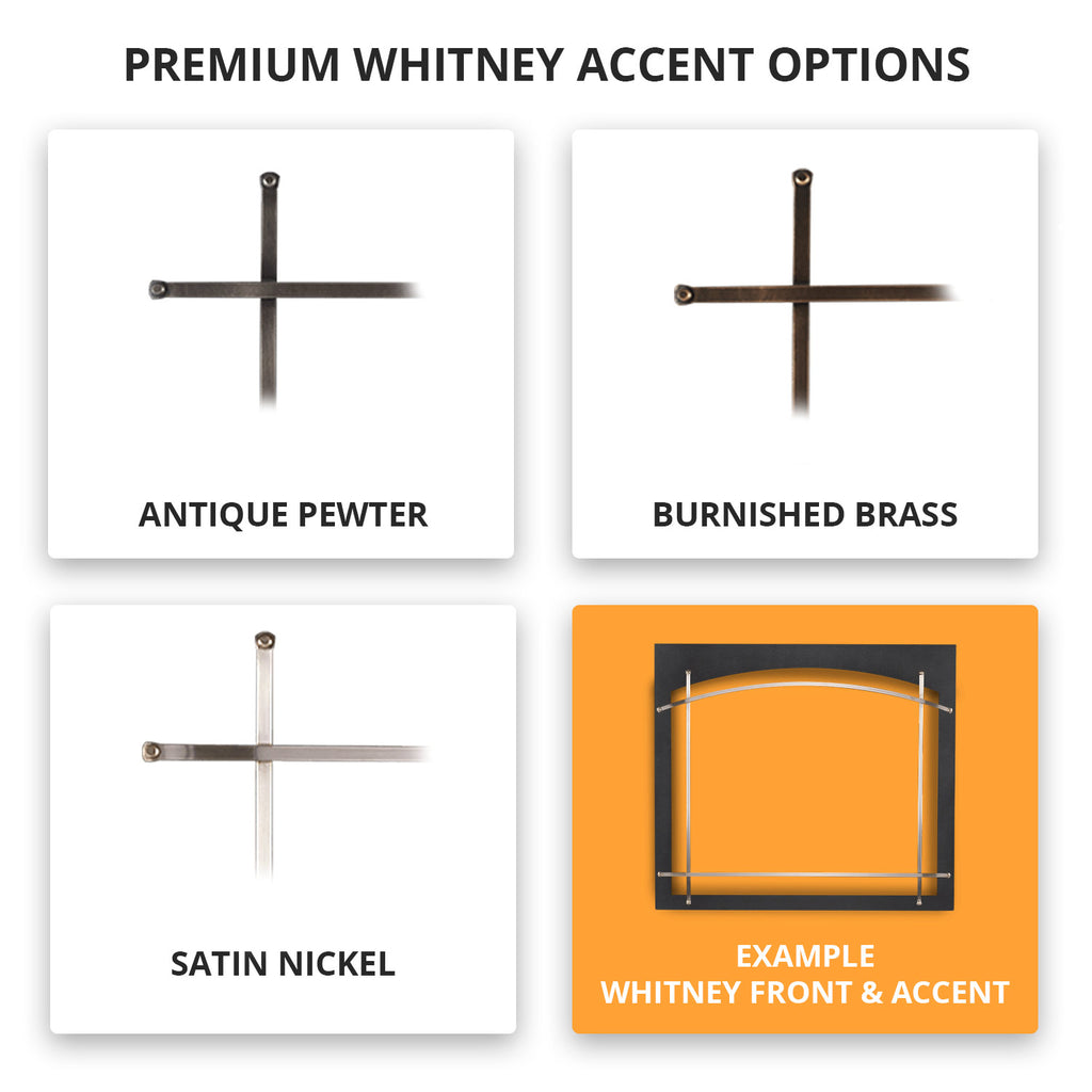 Whitney front accent options card with metal cross samples and example frame