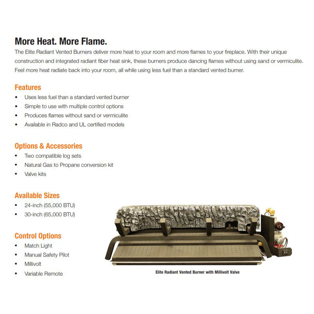 Vented gas burner assembly with control knobs and radiant grate
