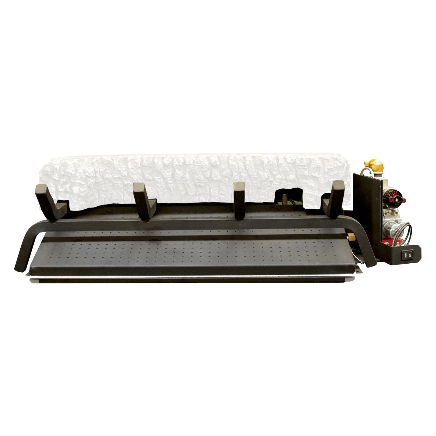 Vented gas burner with metal tray and control box, dark frame and light vented panel
