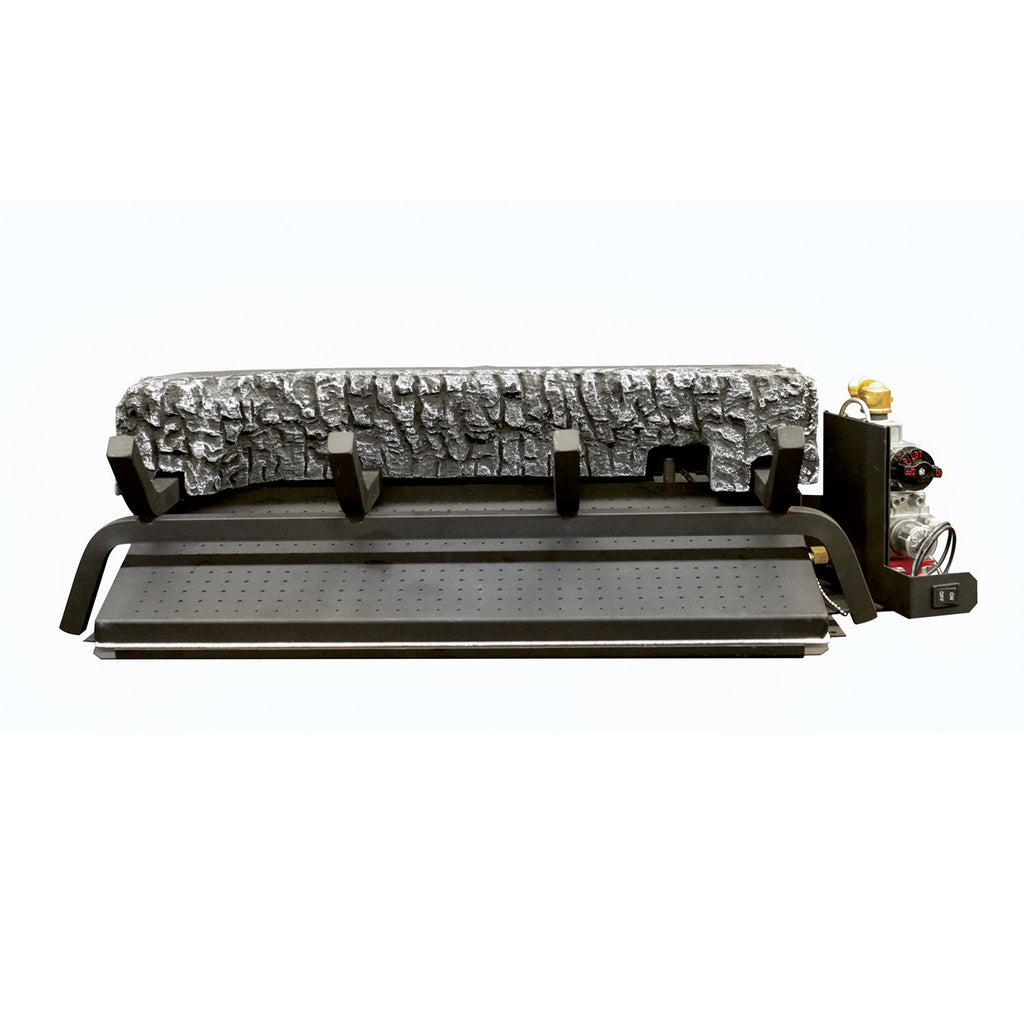Gas burner assembly with textured log bed panel and control valve components