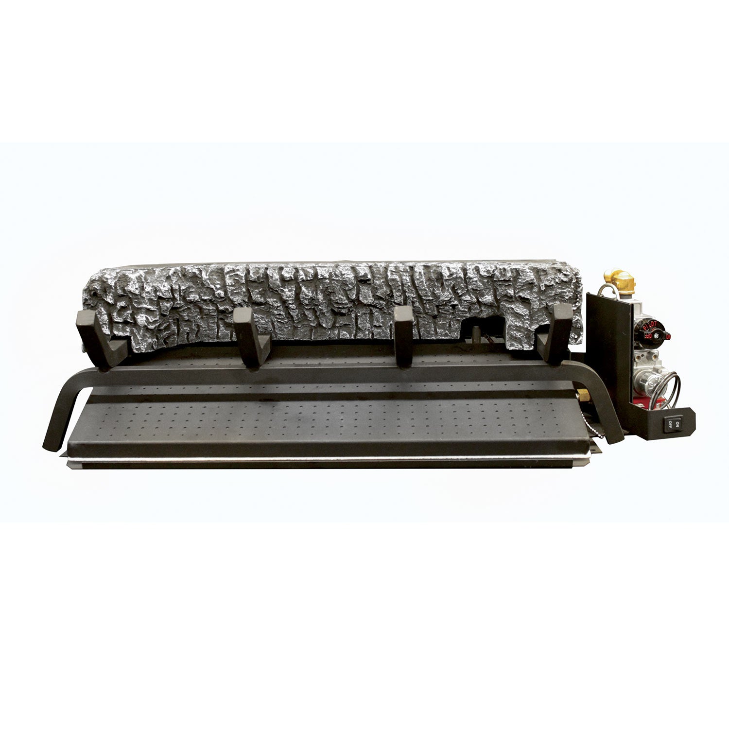 Fireplace gas burner pan with ceramic log support and control components