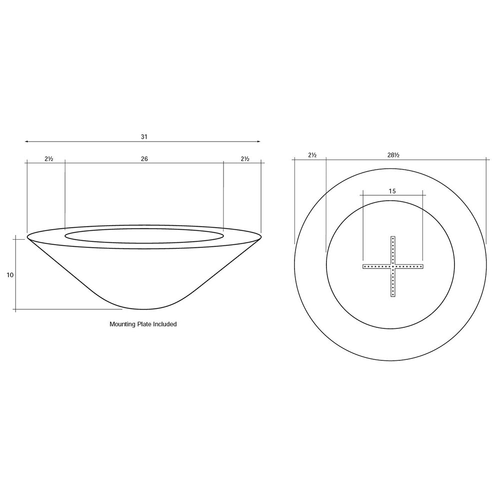 Gas fire pit dimension diagram with mounting included and burner cross detail