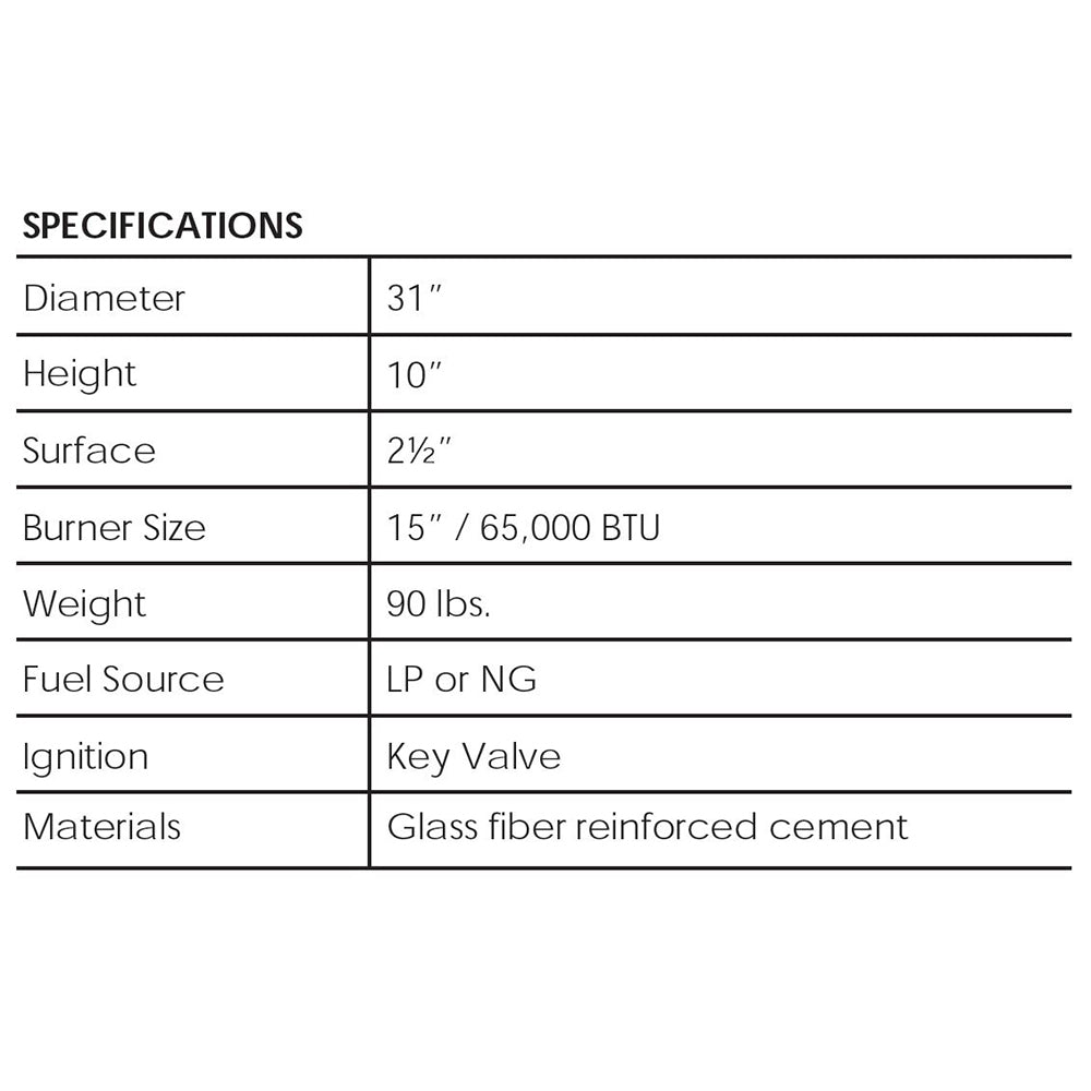 Gas fire pit specifications table listing diameter, height, burner size, and materials