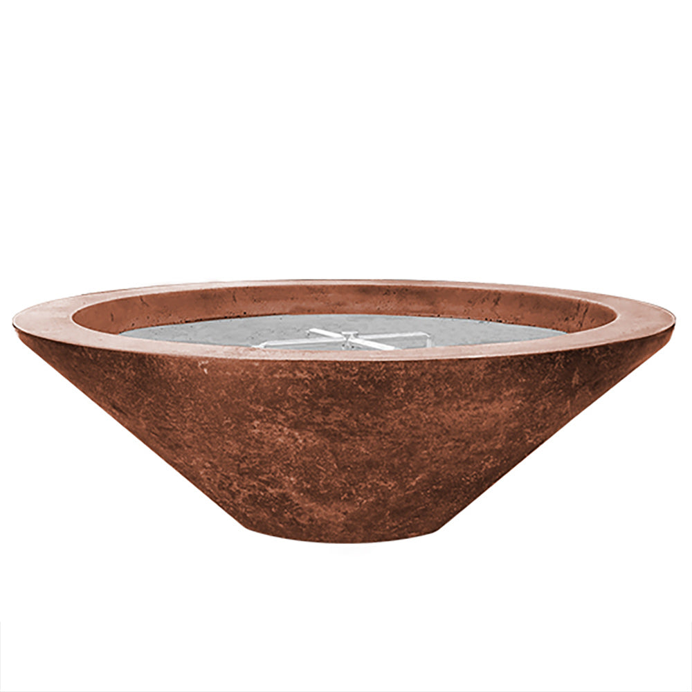 Brown rust-toned concrete pedestal gas fire pit bowl with central burner cross