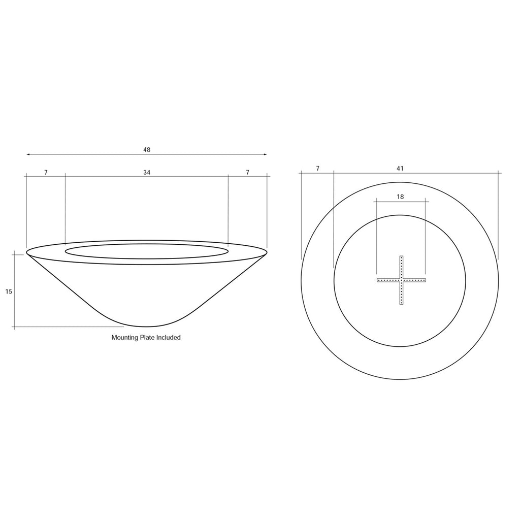 Gas fire pit mounting plate included, technical dimension diagram.