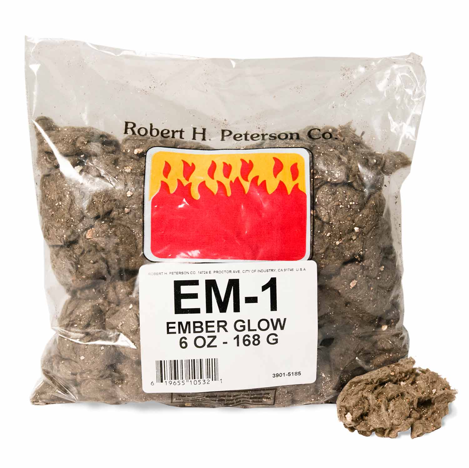 Ember glow fuel in clear bag with dark brown ember chunks, EM-1 label 6 oz.