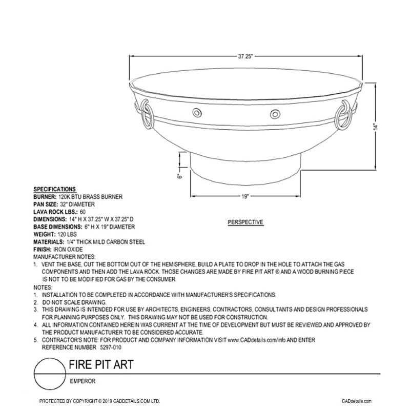 Emperor wood fire pit technical diagram with size measurements