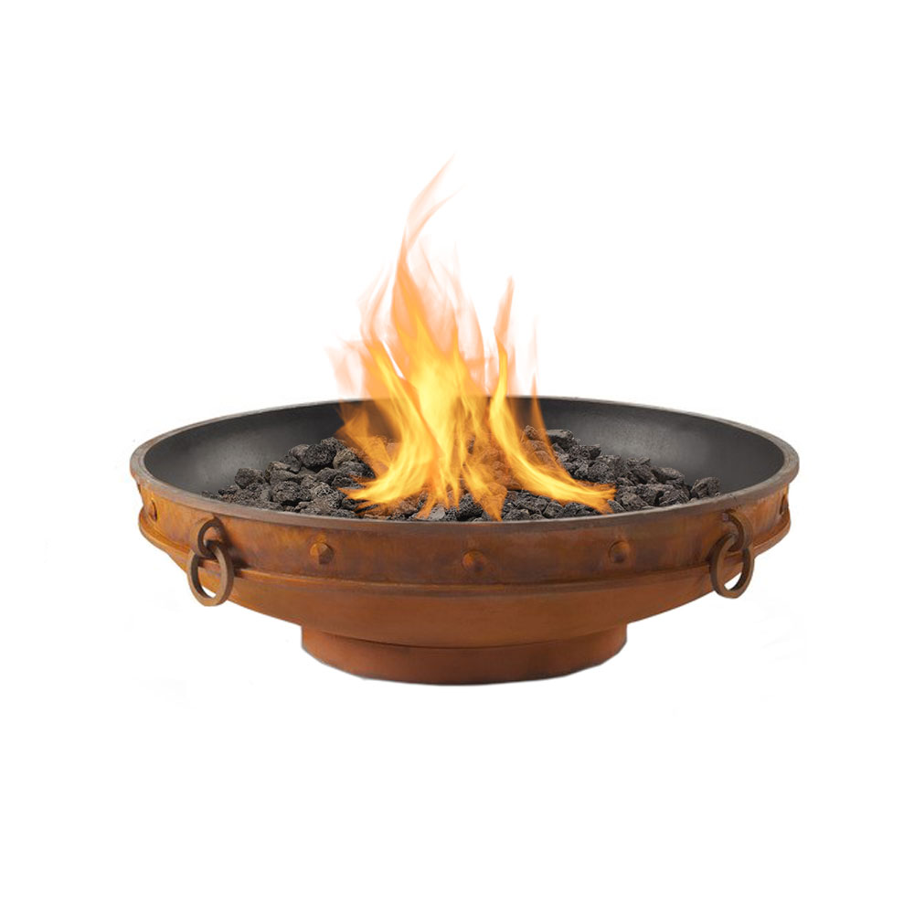 Rust-colored gas fire pit bowl with visible flames and dark fire bed