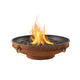 Rust-colored gas fire pit bowl with visible flames and dark fire bed