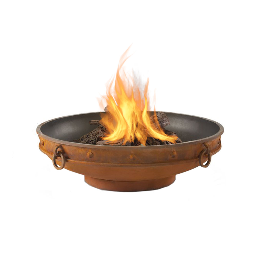 Emperor wood fire pit with burning flames in bronze metal bowl