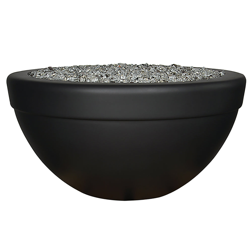 Matte dark fire bowl with open center and decorative fire glass filling