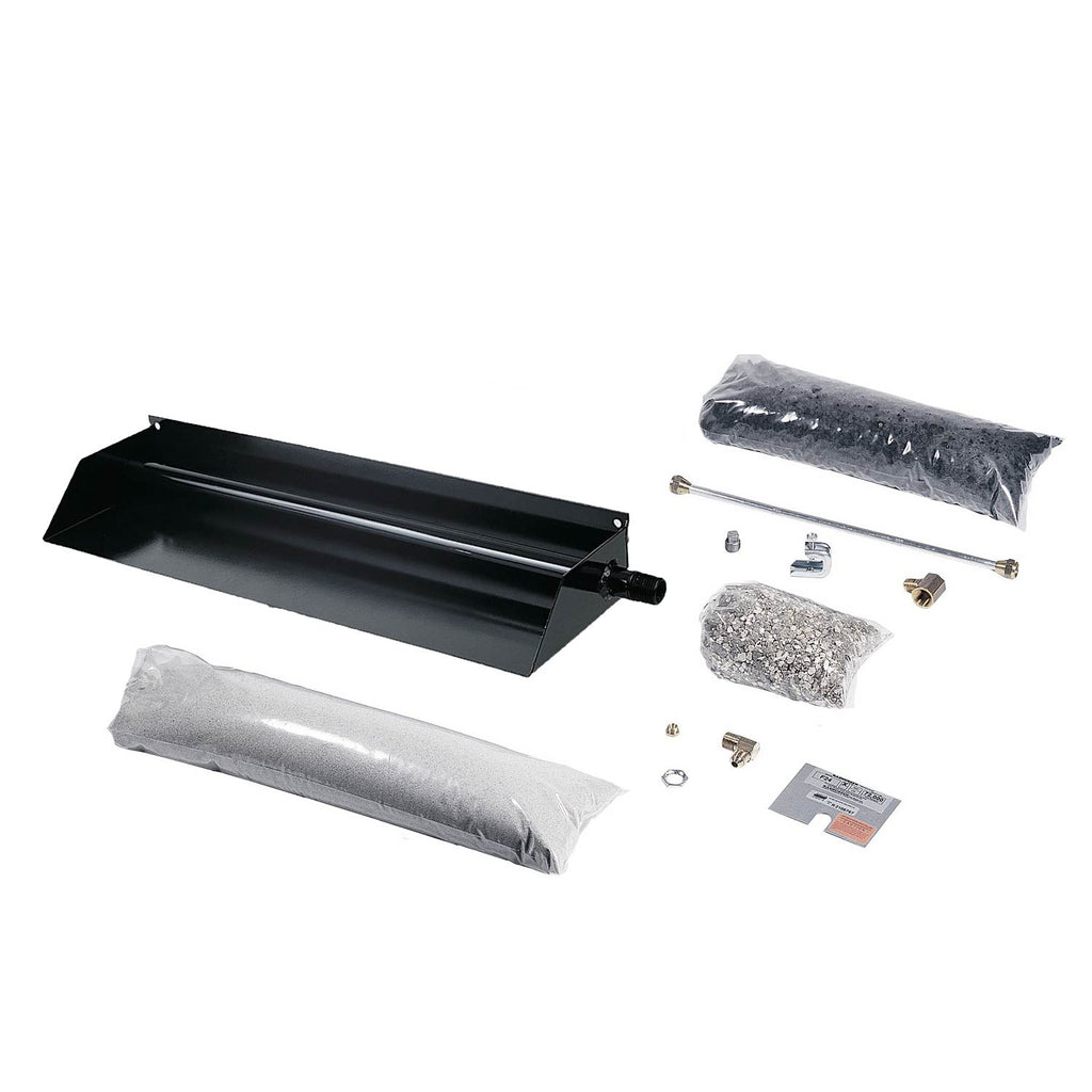 Vented fireplace burner kit with black burner tray, hardware, and gray insulation pads