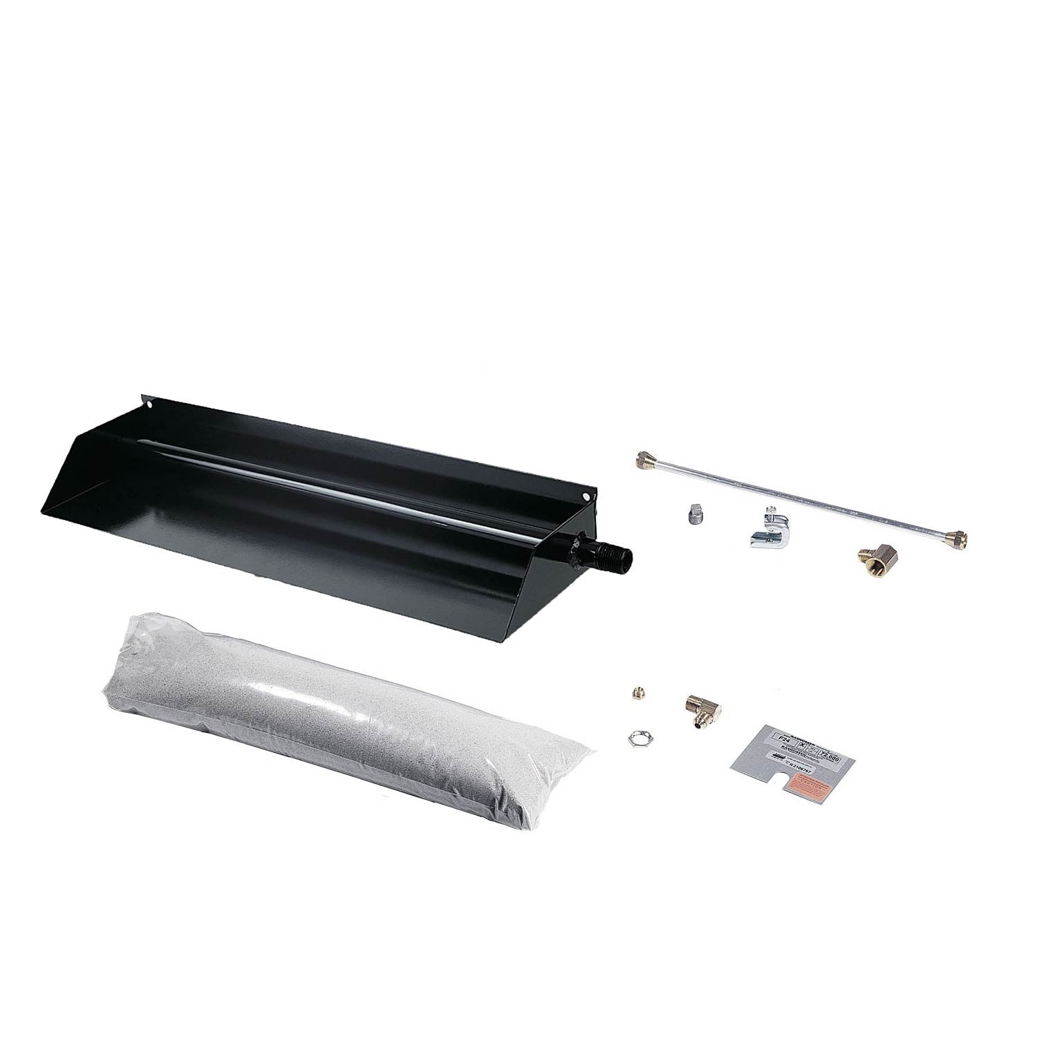 Vented fireplace burner tray kit with black burner, included screws, and gray wrapping