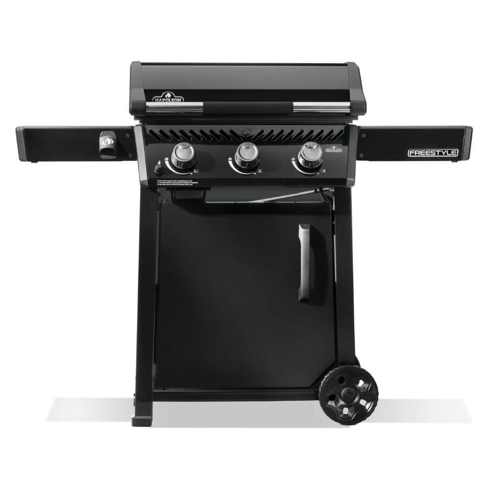 3-burner gas griddle on cart, graphite grey, with lid and control knobs