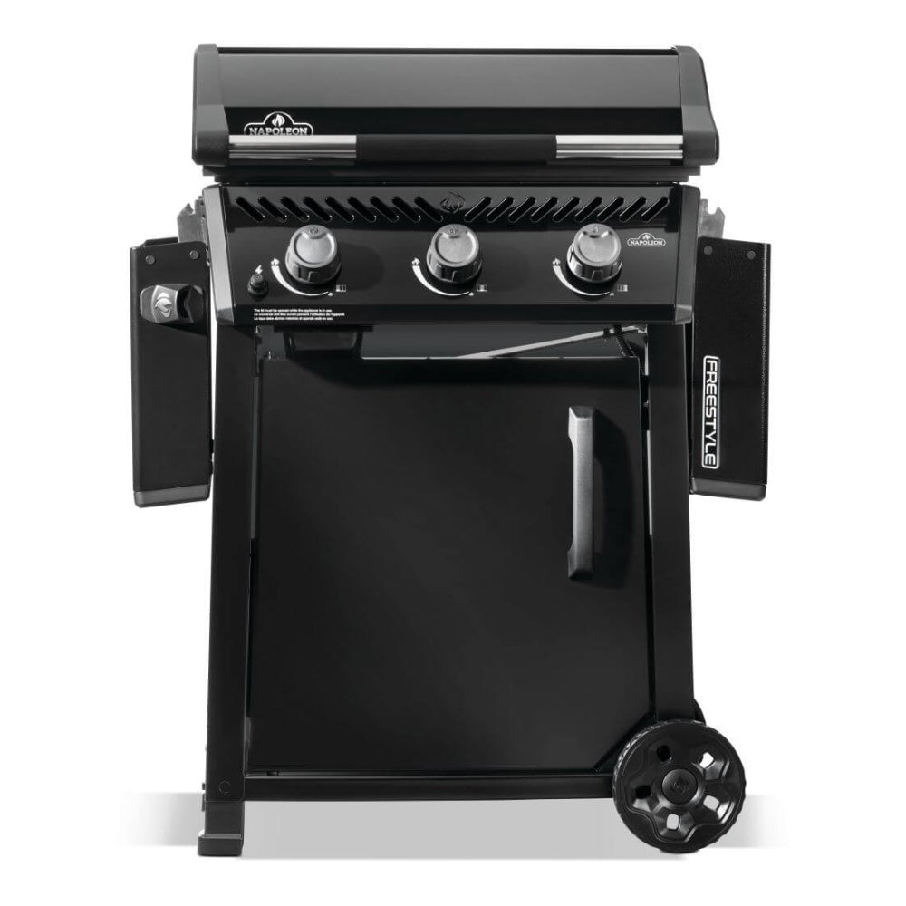 3-burner gas griddle on cart, graphite grey, open lid and three front burner knobs