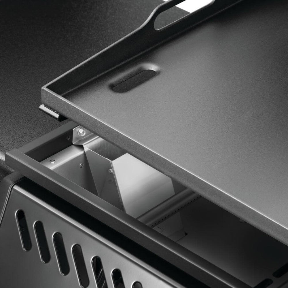 Open griddle lid with dark underside and vented cooking surface area