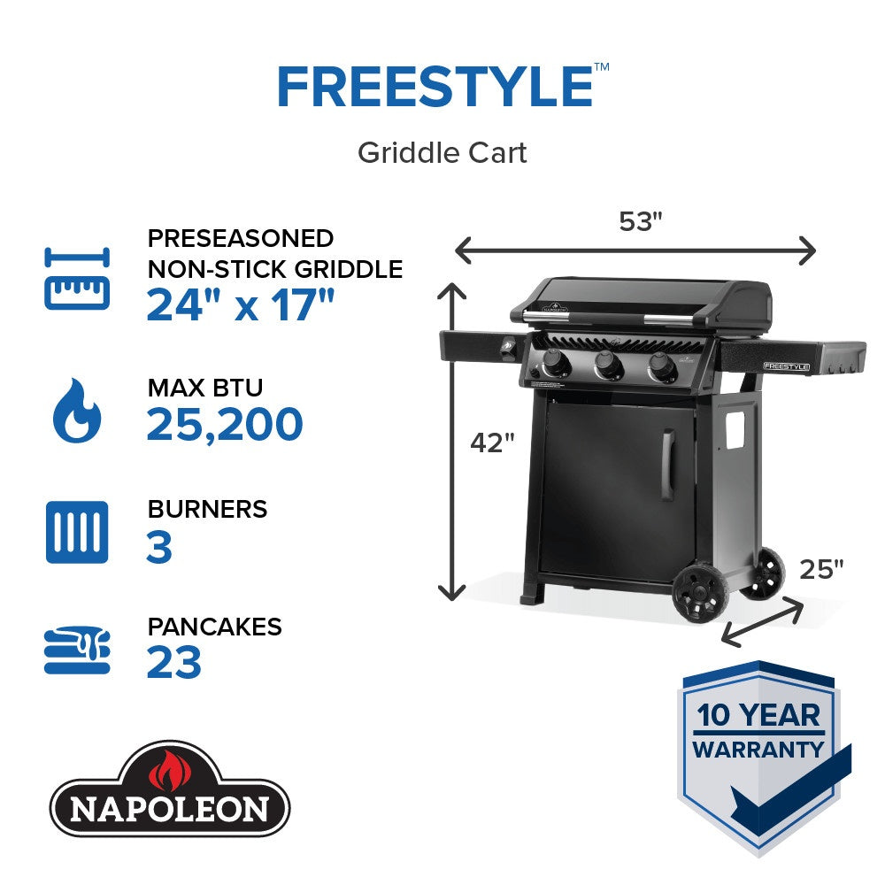 Freestyle gas griddle cart illustration showing dimensions and 3-burner layout