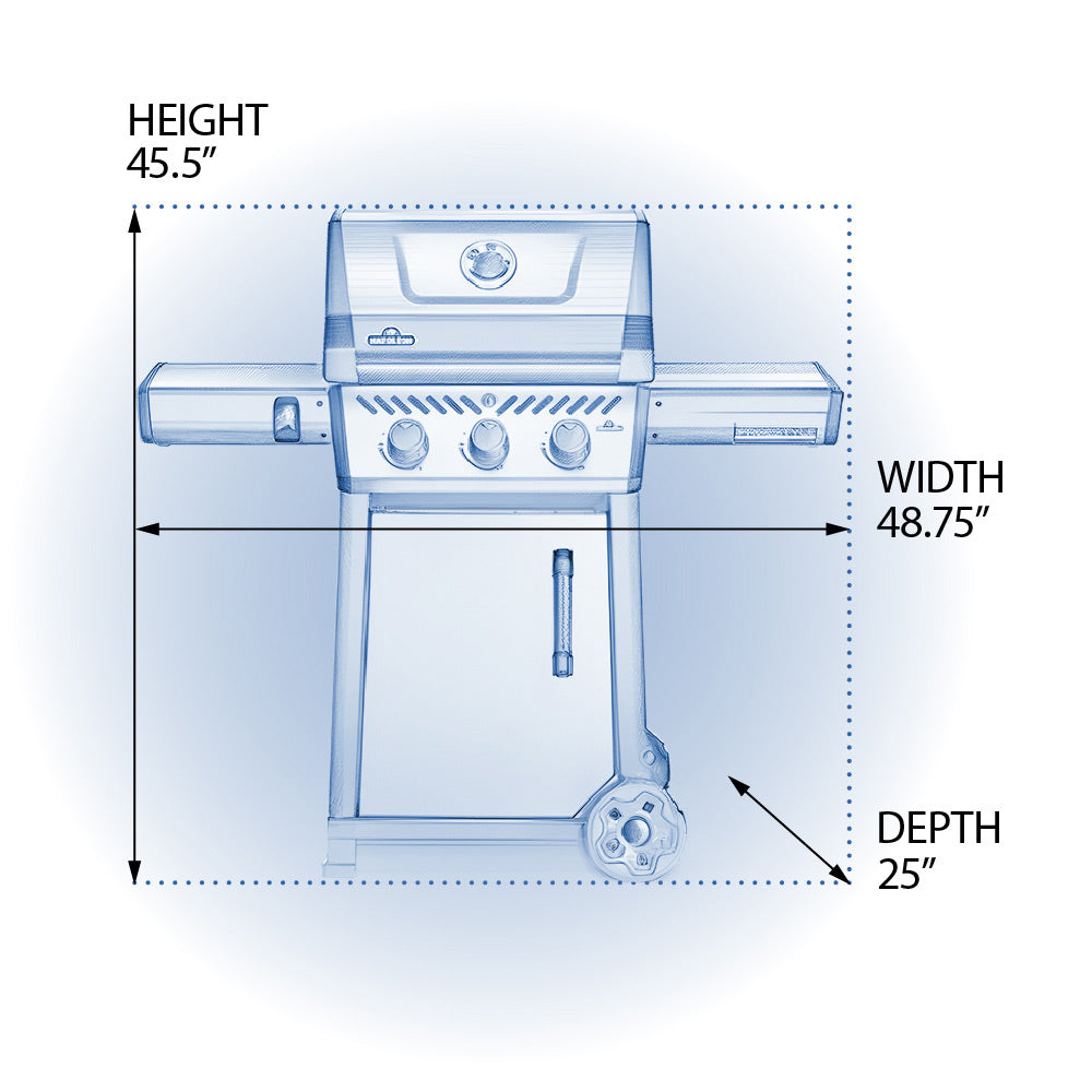 Freestyle 365 gas grill size diagram: 45.5" H, 48.75" W, 25" D
