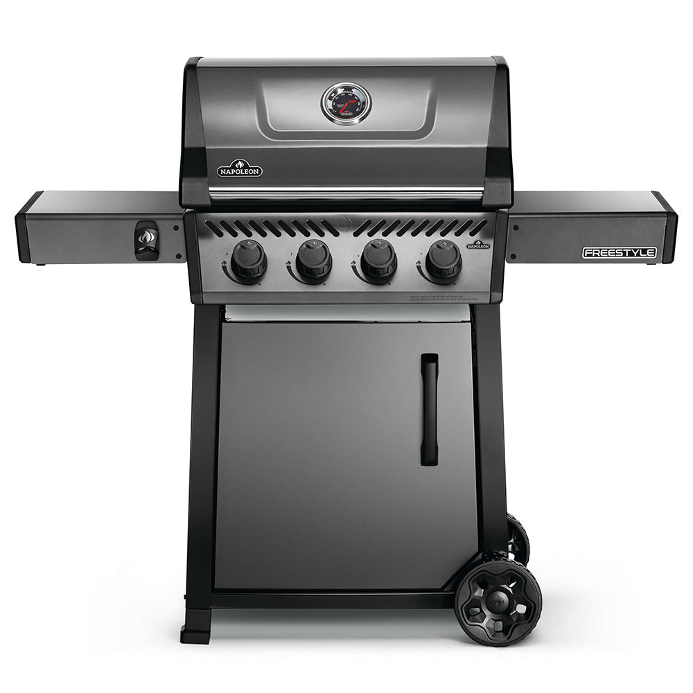 Freestyle 425 gas grill on cart with lid, control knobs, and side shelf, black