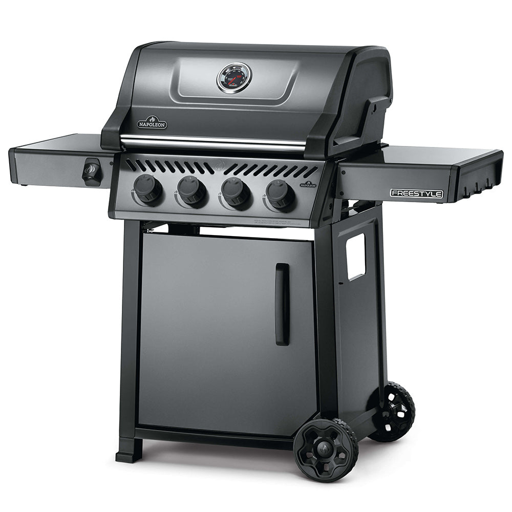 Freestyle 425 gas grill on cart with control panel, side shelf, and front cabinet, black