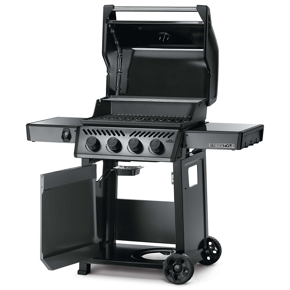 Freestyle 425 gas grill with open lid, side shelf, and cooking grates, black