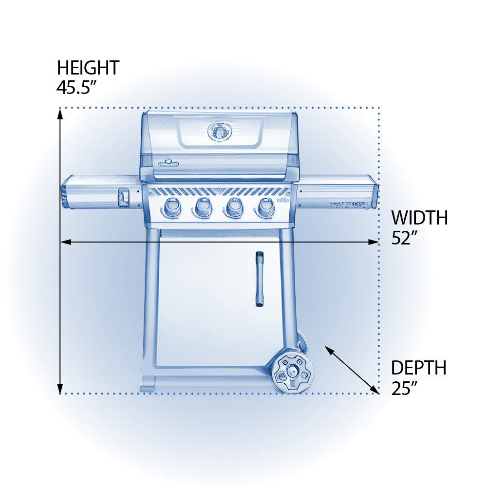 Gas grill dimensions diagram showing height, width, and depth