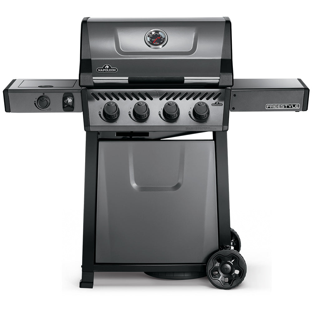 Propane gas grill on cart with lid, front control knobs, and side burner shelf
