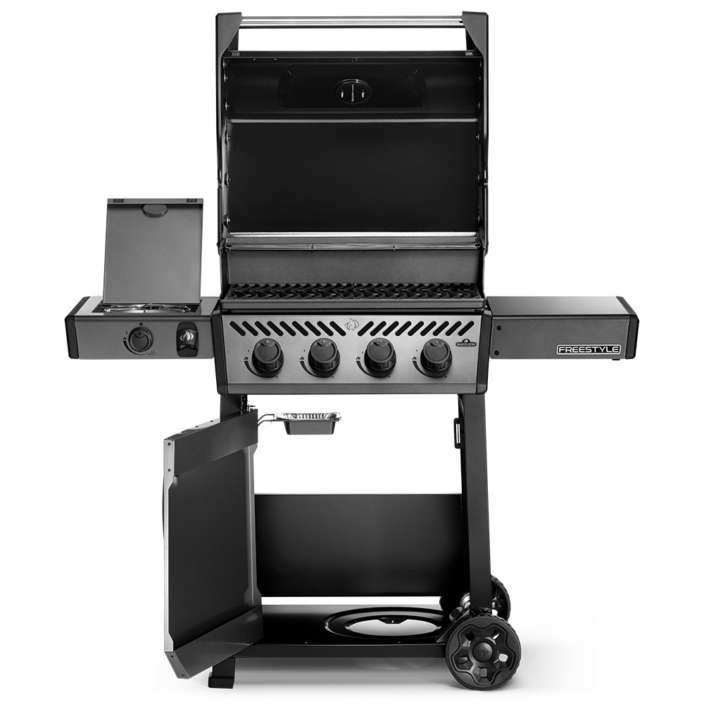 Open propane gas grill on cart with main firebox and side control panel