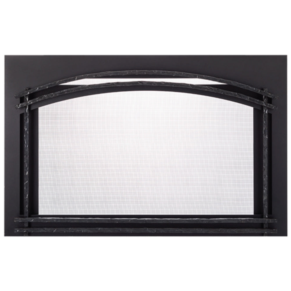 Black forged arch fireplace screen with mesh panel and decorative metal bars