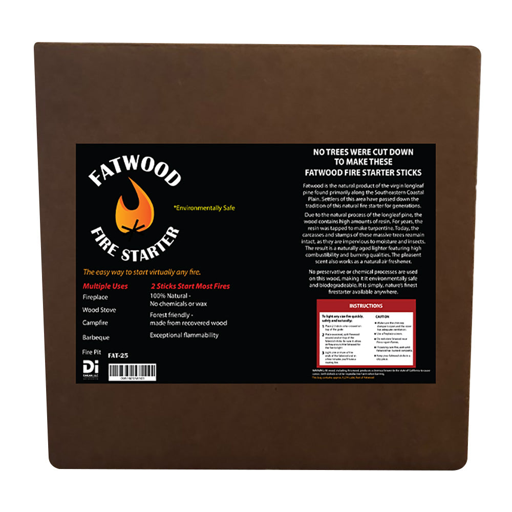Brown firestarter box with FATWOOD Fire Starter label and flame graphic