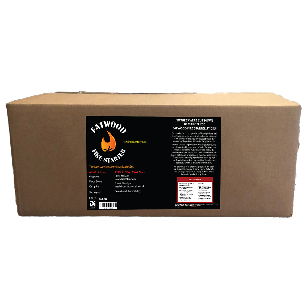 Fatwood fire starter box in cardboard package with black label and flame graphic
