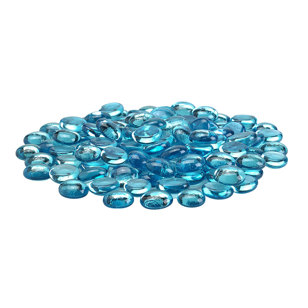 Pile of aqua blue luster glass fire beads, small round glossy stones