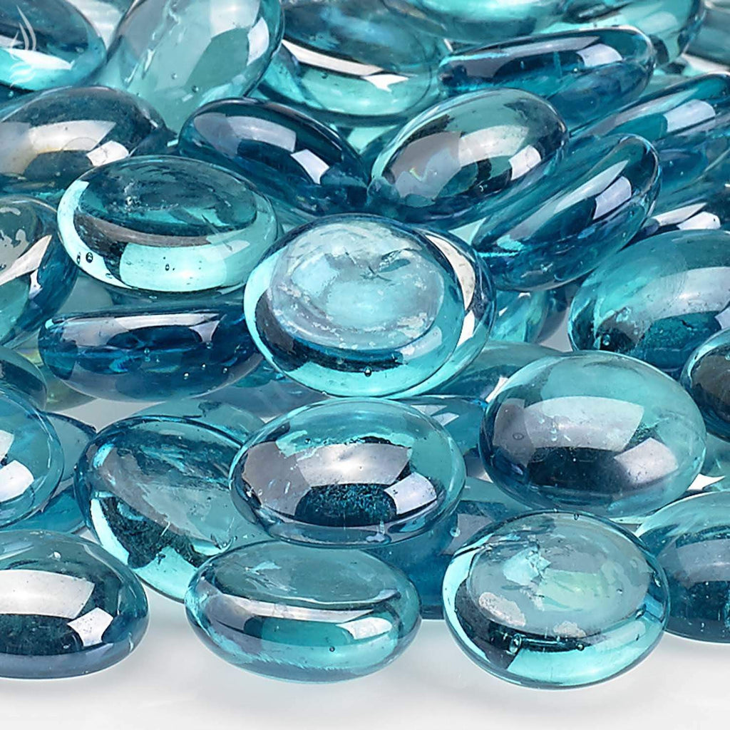 Close-up of aqua blue luster oval glass fire beads with glossy reflections