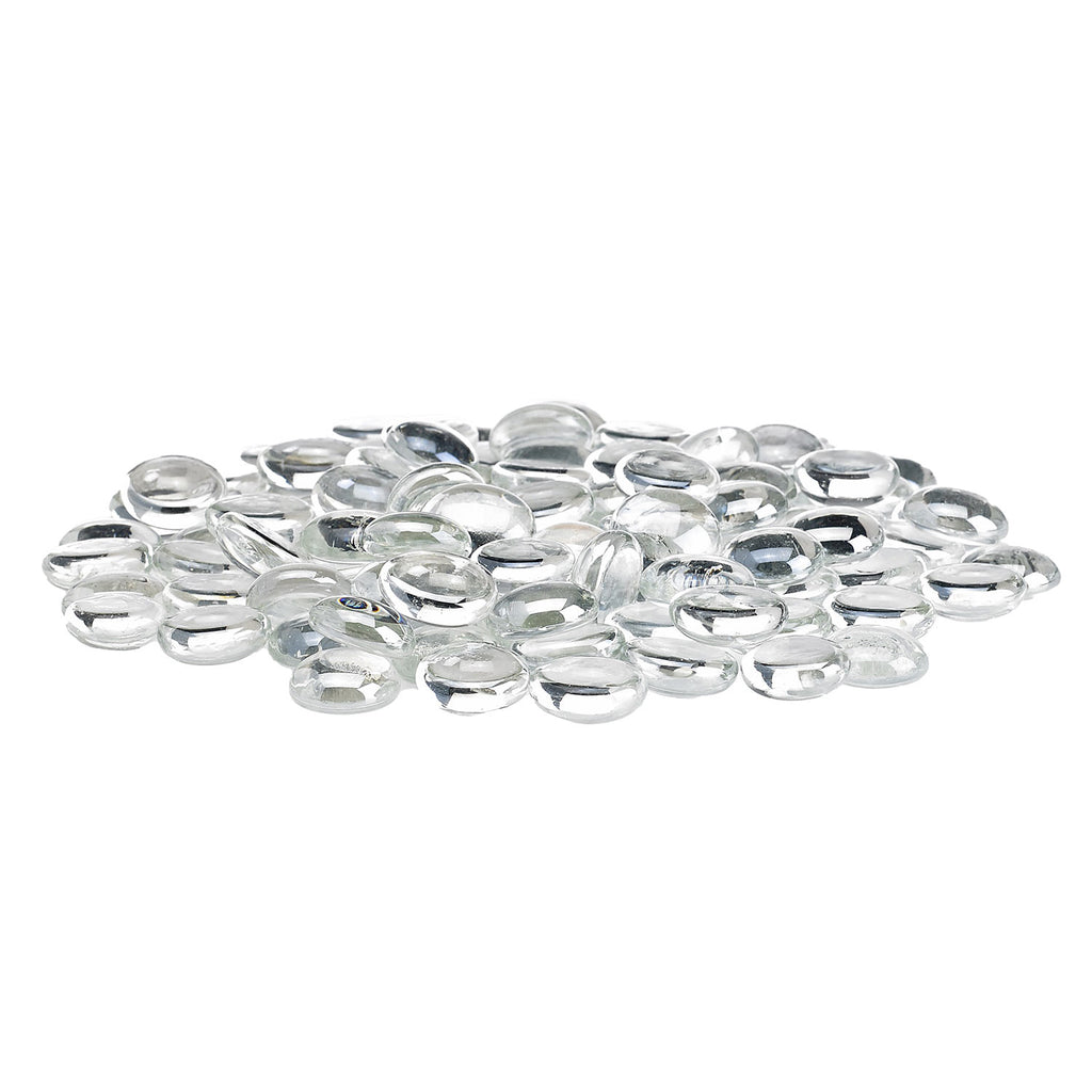 Fire glass beads, clear icy glass ovals scattered in a thin layer