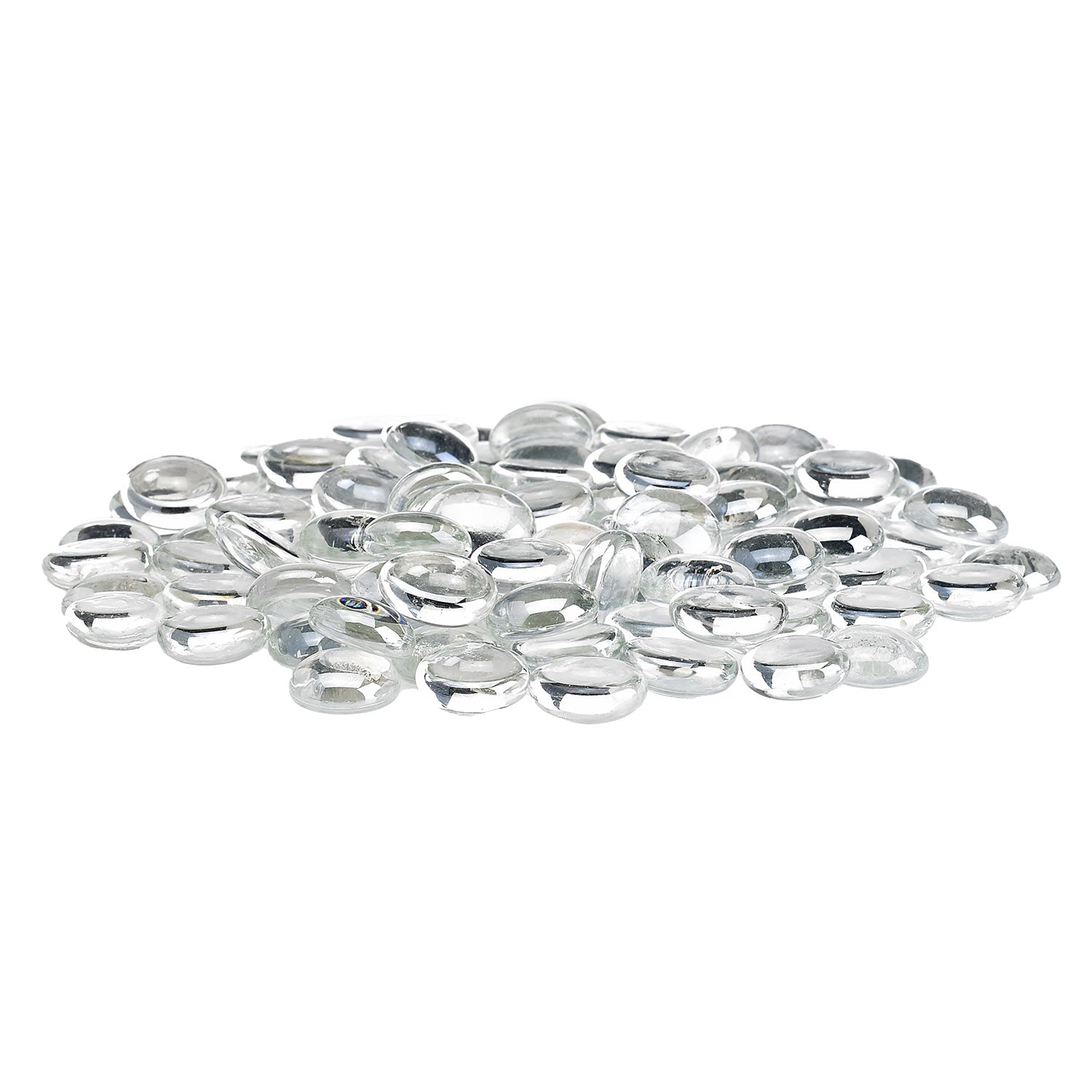 Fire glass beads, clear icy glass ovals scattered in a thin layer