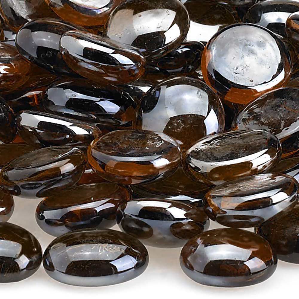 Root beer luster fire glass beads, close-up of glossy dark brown ovals with mirror shine