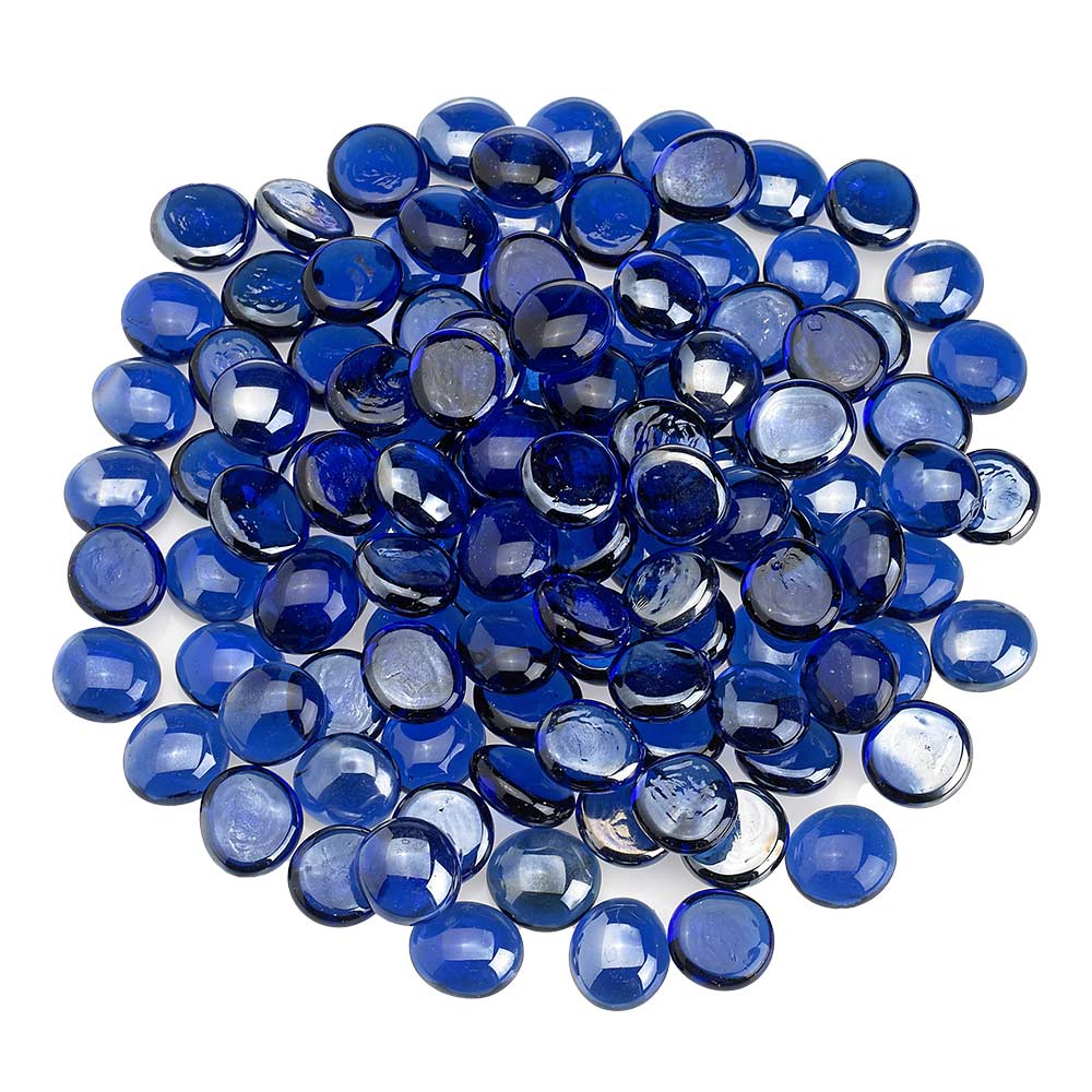 Royal blue glossy glass beads, oval fire glass pieces in a heap