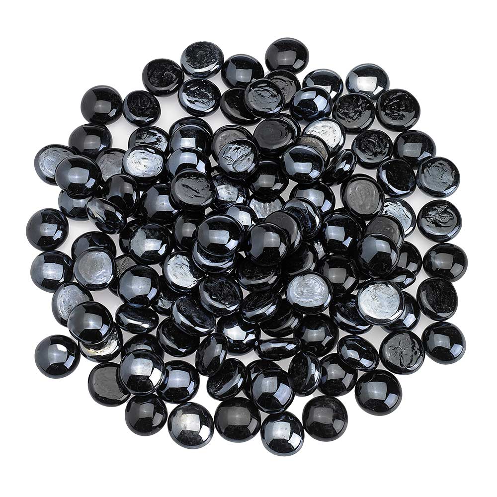 Fire glass beads, dark black round stones with glossy luster in a pile