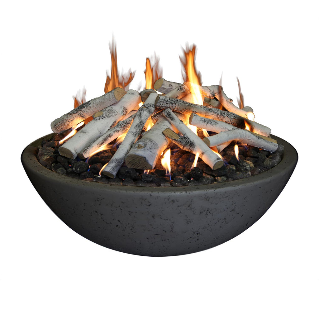 Concrete fire bowl with ring burner, dark gray bowl with burning logs and lava rocks