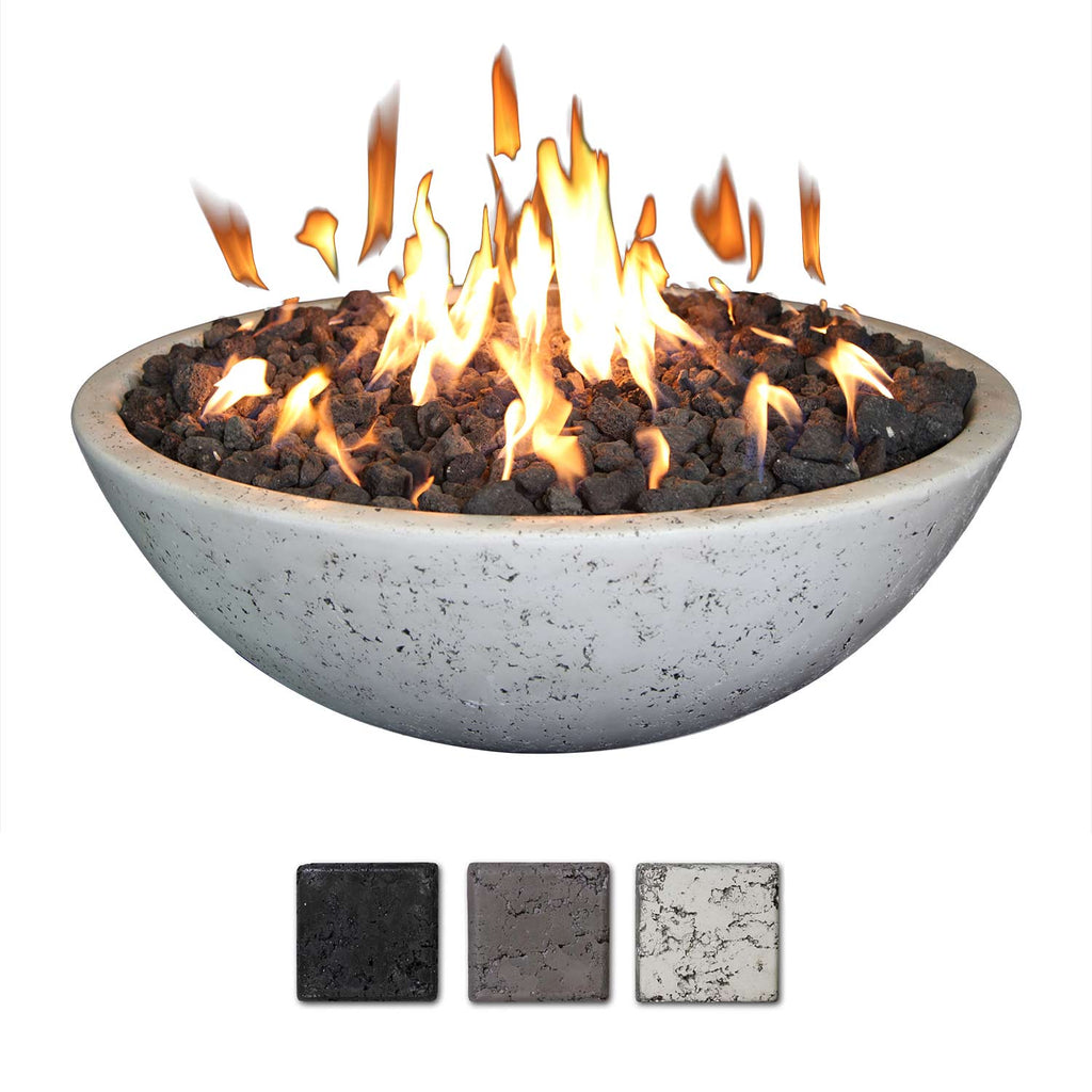 Concrete fire bowl with ring burner, light gray bowl filled with lava rocks and flames