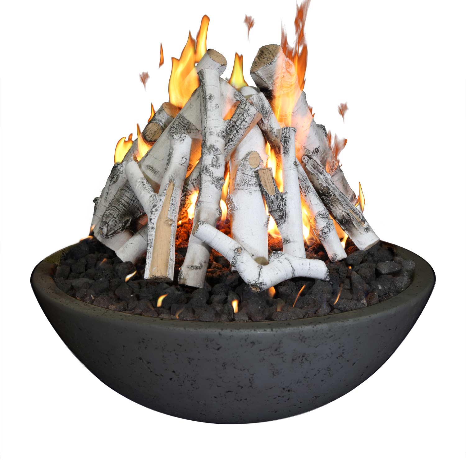 Concrete fire bowl with light gray tee-pee log stack and active flames, black charcoal base.