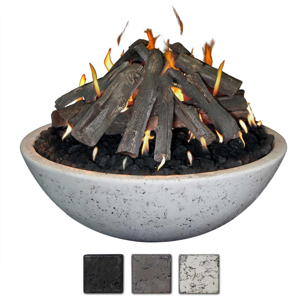 Gray concrete fire bowl with burning logs and flames above black lava rocks