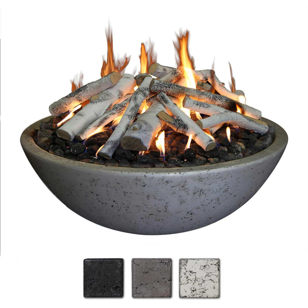 Concrete fire bowl with ring burner, grey bowl with burning logs; color samples below